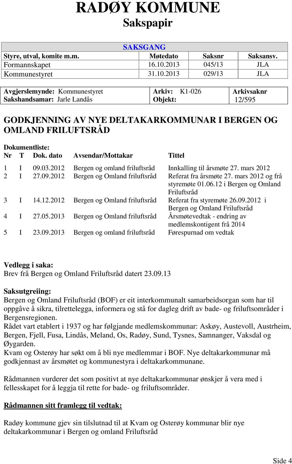 2013 029/13 JLA Avgjerslemynde: Kommunestyret Sakshandsamar: Jarle Landås Arkiv: K1-026 Objekt: Arkivsaknr 12/595 GODKJENNING AV NYE DELTAKARKOMMUNAR I BERGEN OG OMLAND FRILUFTSRÅD Dokumentliste: Nr