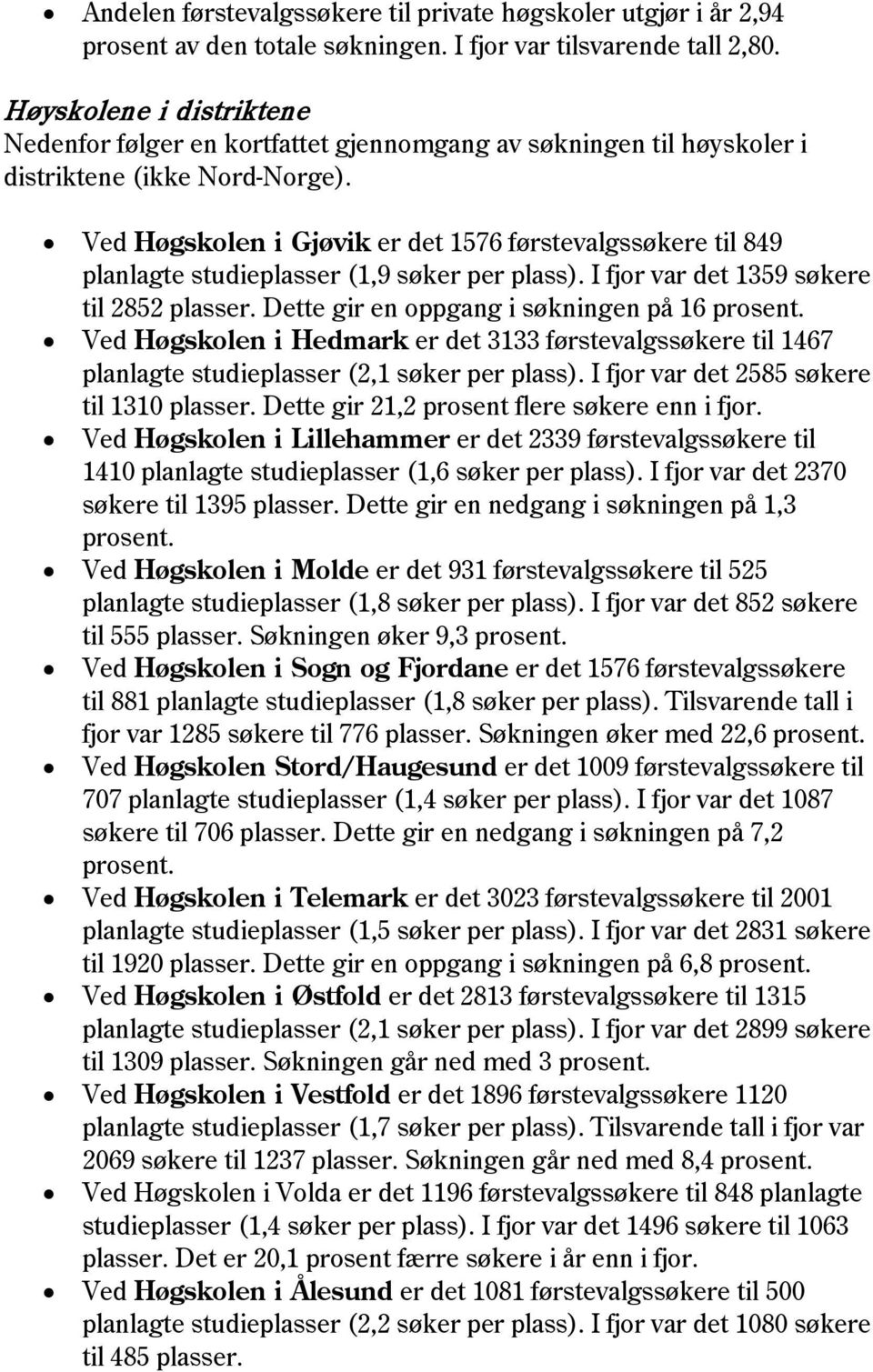 Ved Høgskolen i Gjøvik er det 1576 førstevalgssøkere til 849 planlagte studieplasser (1,9 søker per plass). I fjor var det 1359 søkere til 2852 plasser. Dette gir en oppgang i søkningen på 16 prosent.