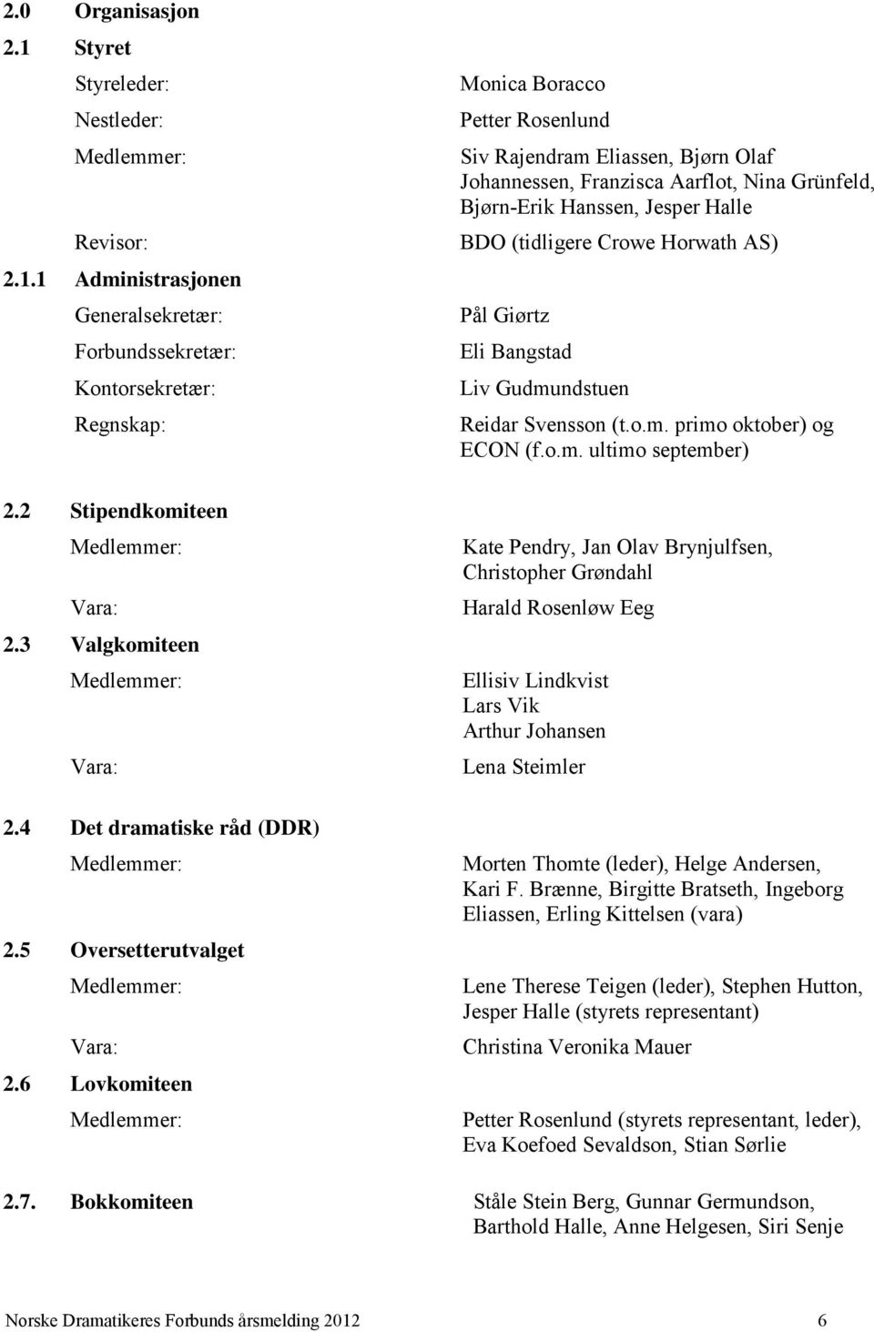 6 Lovkomiteen Medlemmer: Monica Boracco Petter Rosenlund Siv Rajendram Eliassen, Bjørn Olaf Johannessen, Franzisca Aarflot, Nina Grünfeld, Bjørn-Erik Hanssen, Jesper Halle BDO (tidligere Crowe