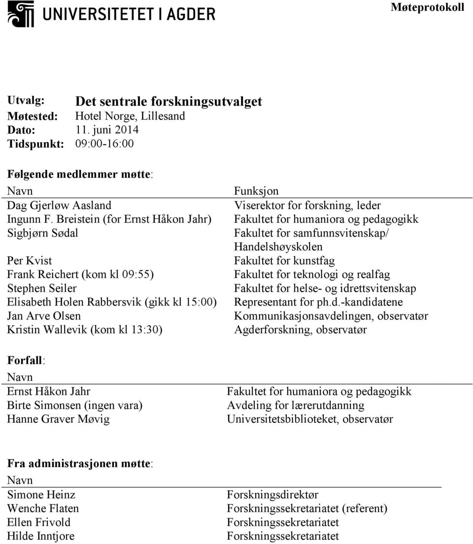 Forfall: Navn Ernst Håkon Jahr Birte Simonsen (ingen vara) Hanne Graver Møvig Funksjon Viserektor for forskning, leder Fakultet for humaniora og pedagogikk Fakultet for samfunnsvitenskap/