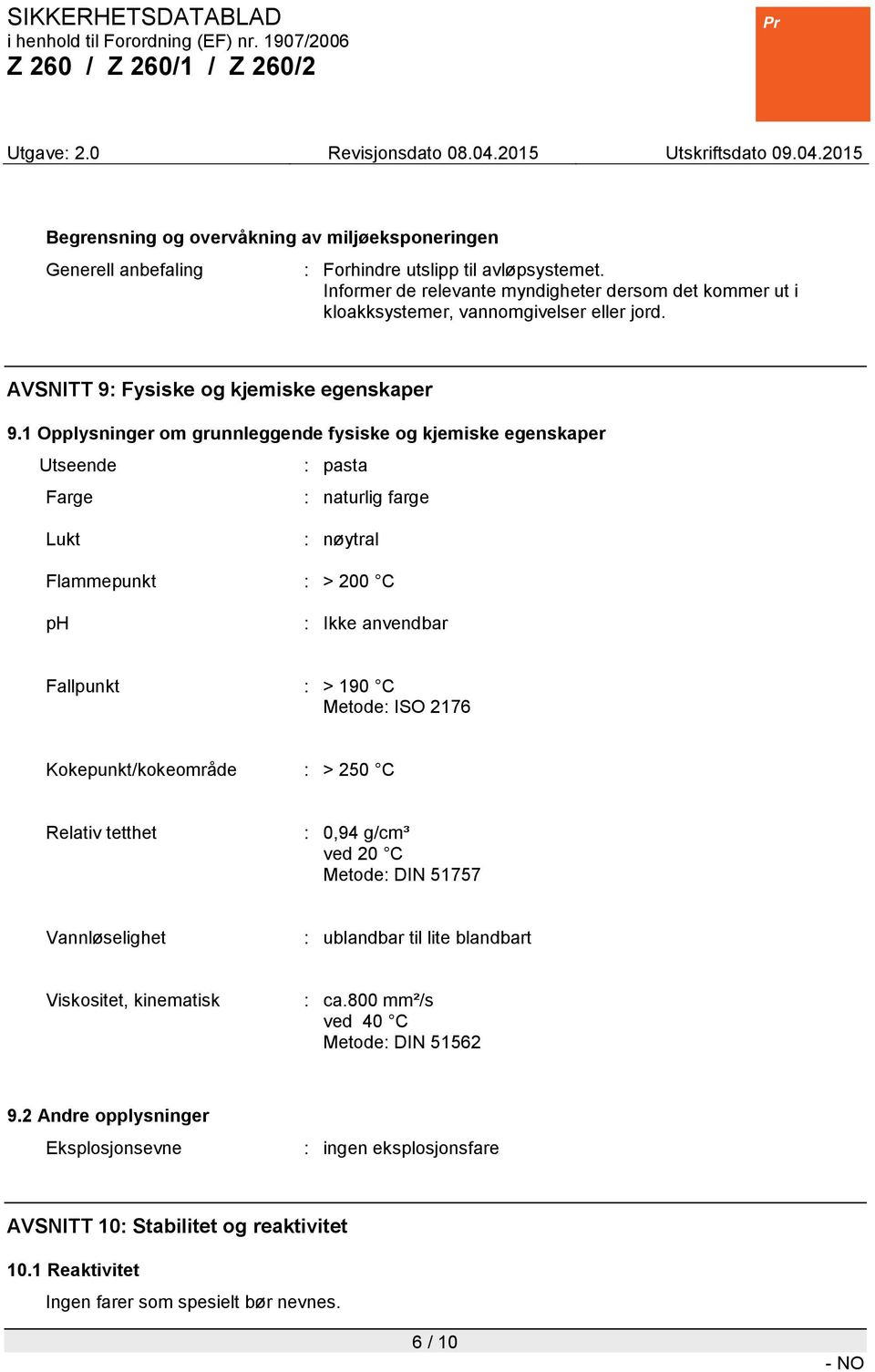 1 Opplysninger om grunnleggende fysiske og kjemiske egenskaper Utseende : pasta Farge : naturlig farge Lukt : nøytral Flammepunkt : > 200 C ph : Ikke anvendbar Fallpunkt : > 190 C Metode: ISO 2176