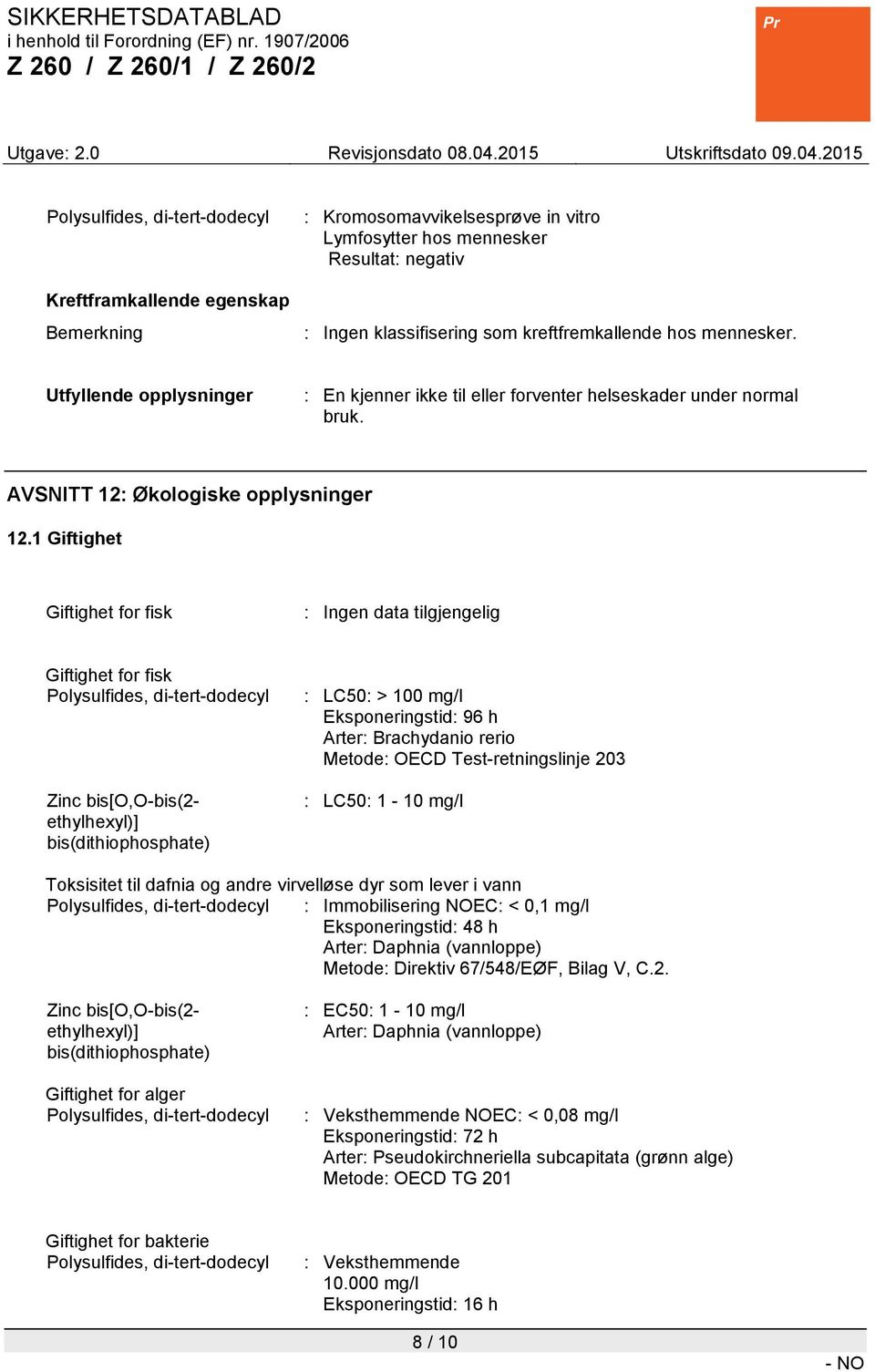 1 Giftighet Giftighet for fisk : Ingen data tilgjengelig Giftighet for fisk Zinc bis[o,o-bis(2- ethylhexyl)] bis(dithiophosphate) : LC50: > 100 mg/l Eksponeringstid: 96 h Arter: Brachydanio rerio