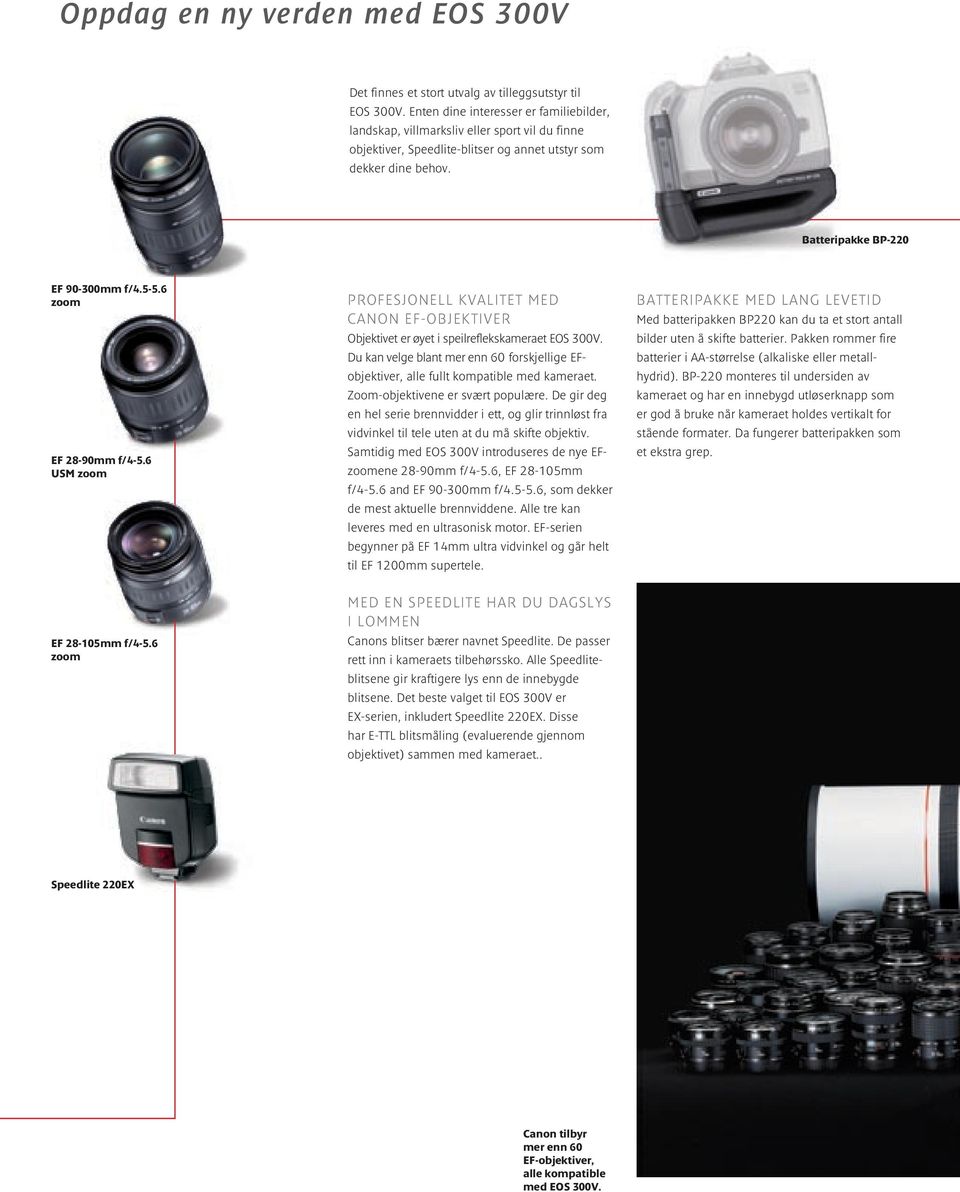 6 zoom EF 28-90mm f/4-5.6 USM zoom PROFESJONELL KVALITET MED CANON EF-OBJEKTIVER Objektivet er øyet i speilreflekskameraet EOS 300V.