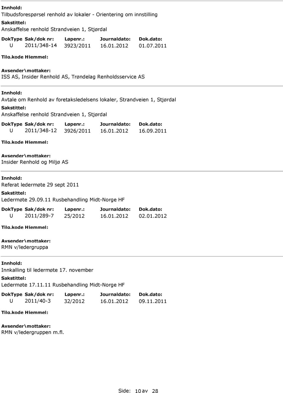 1, Stjørdal 2011/348-12 3926/2011 16.09.2011 nsider Renhold og Miljø AS Referat ledermøte 29 sept 2011 Ledermøte 29.09.11 Rusbehandling Midt-Norge HF 2011/289-7 25/2012 02.