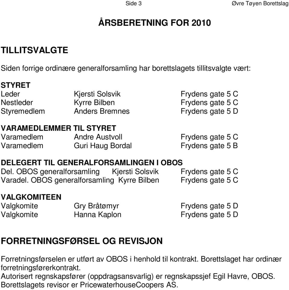 t e 5 D V A R A M E D L E M M E R T I L S T Y R E T V a r a m e d l e Andre m Austvoll Frydens gate 5 C V a r a m e d l e Guri m Haug Bordal Frydens gate 5 B D E L E G E R T T I L G E N E R A L F O R