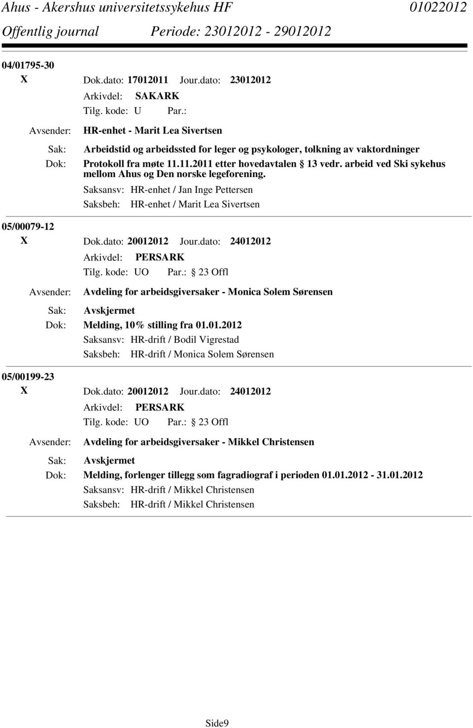 arbeid ved Ski sykehus mellom Ahus og Den norske legeforening. Saksansv: HR-enhet / Jan Inge Pettersen Saksbeh: HR-enhet / Marit Lea Sivertsen 05/00079-12 X Dok.dato: 20012012 Jour.