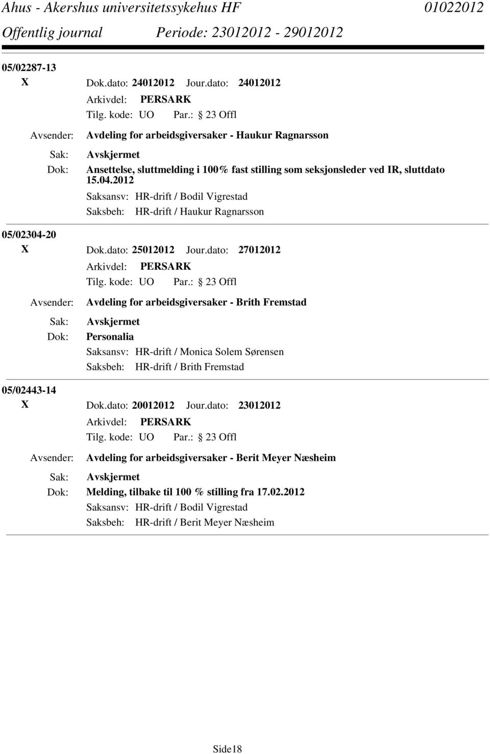 2012 Saksansv: HR-drift / Bodil Vigrestad Saksbeh: HR-drift / Haukur Ragnarsson 05/02304-20 X Dok.dato: 25012012 Jour.