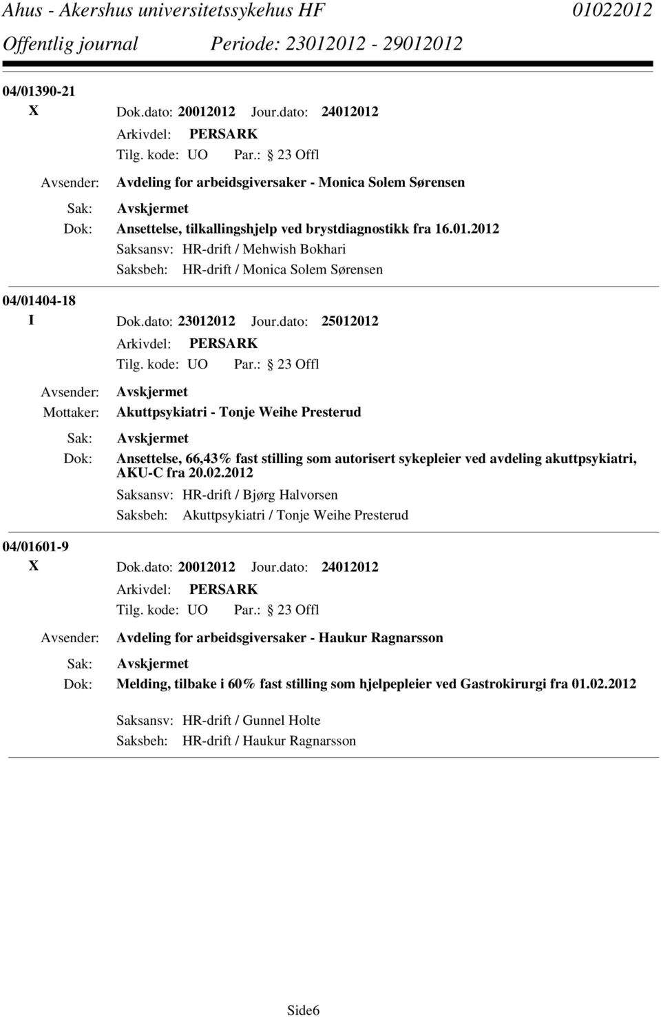 2012 Saksansv: HR-drift / Bjørg Halvorsen Saksbeh: Akuttpsykiatri / Tonje Weihe Presterud 04/01601-9 X Dok.dato: 20012012 Jour.