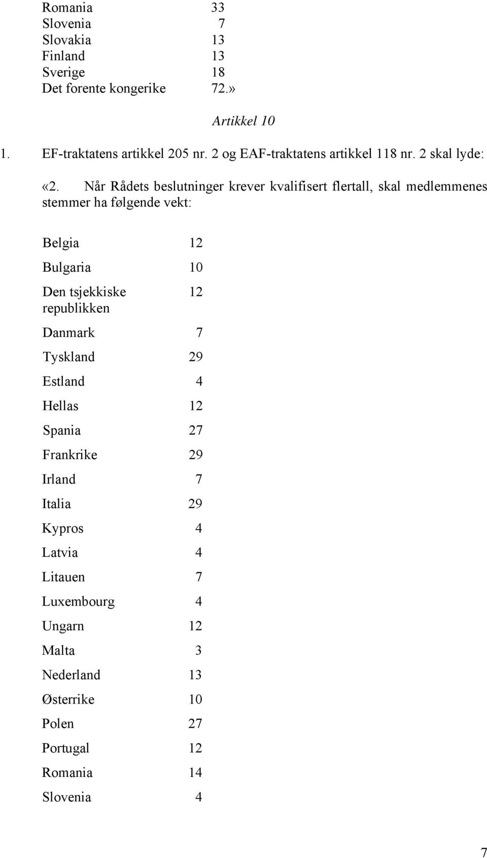 Når Rådets beslutninger krever kvalifisert flertall, skal medlemmenes stemmer ha følgende vekt: Belgia 12 Bulgaria 10 Den tsjekkiske 12