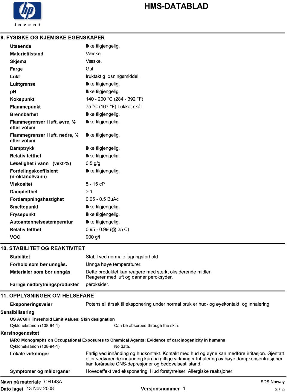 Væske. Gul Damptetthet > 1 Fordampningshastighet Smeltepunkt Frysepunkt Autoantennelsestemperatur fruktaktig løsningsmiddel. 140-200 C (284-392 F) 75 C (167 F) Lukket skål 0.5 g/g 5-15 cp 0.05-0.