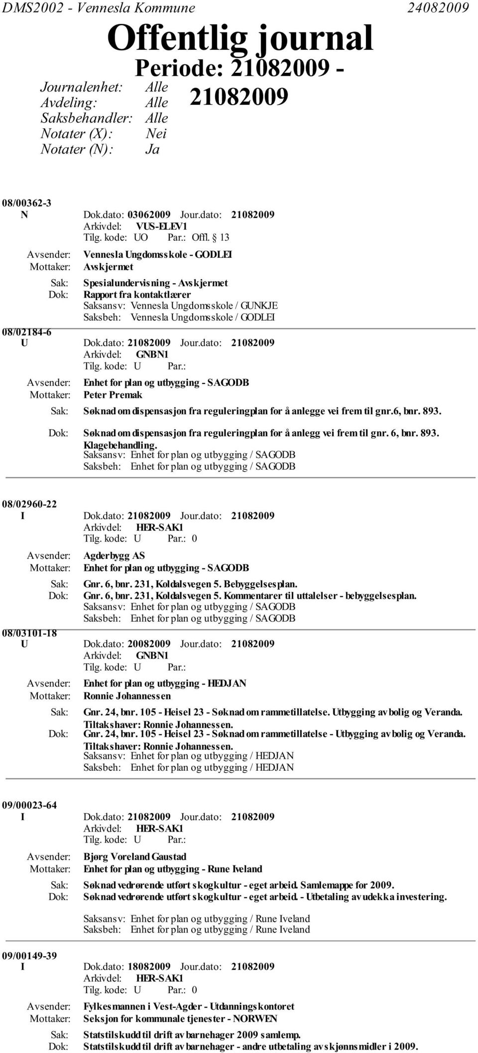 GODLEI 08/02184-6 U Dok.dato: Jour.dato: Enhet for plan og utbygging - SAGODB Peter Premak Søknad om dispensasjon fra reguleringplan for å anlegge vei frem til gnr.6, bnr. 893.