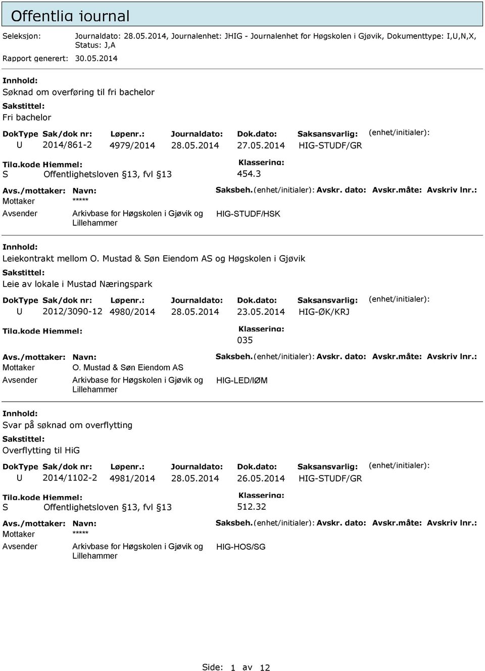 måte: Avskriv lnr.: Mottaker ***** HG-STDF/HSK Leiekontrakt mellom O. Mustad & Søn Eiendom AS og Høgskolen i Gjøvik Leie av lokale i Mustad Næringspark 2012/3090-12 4980/2014 23.05.