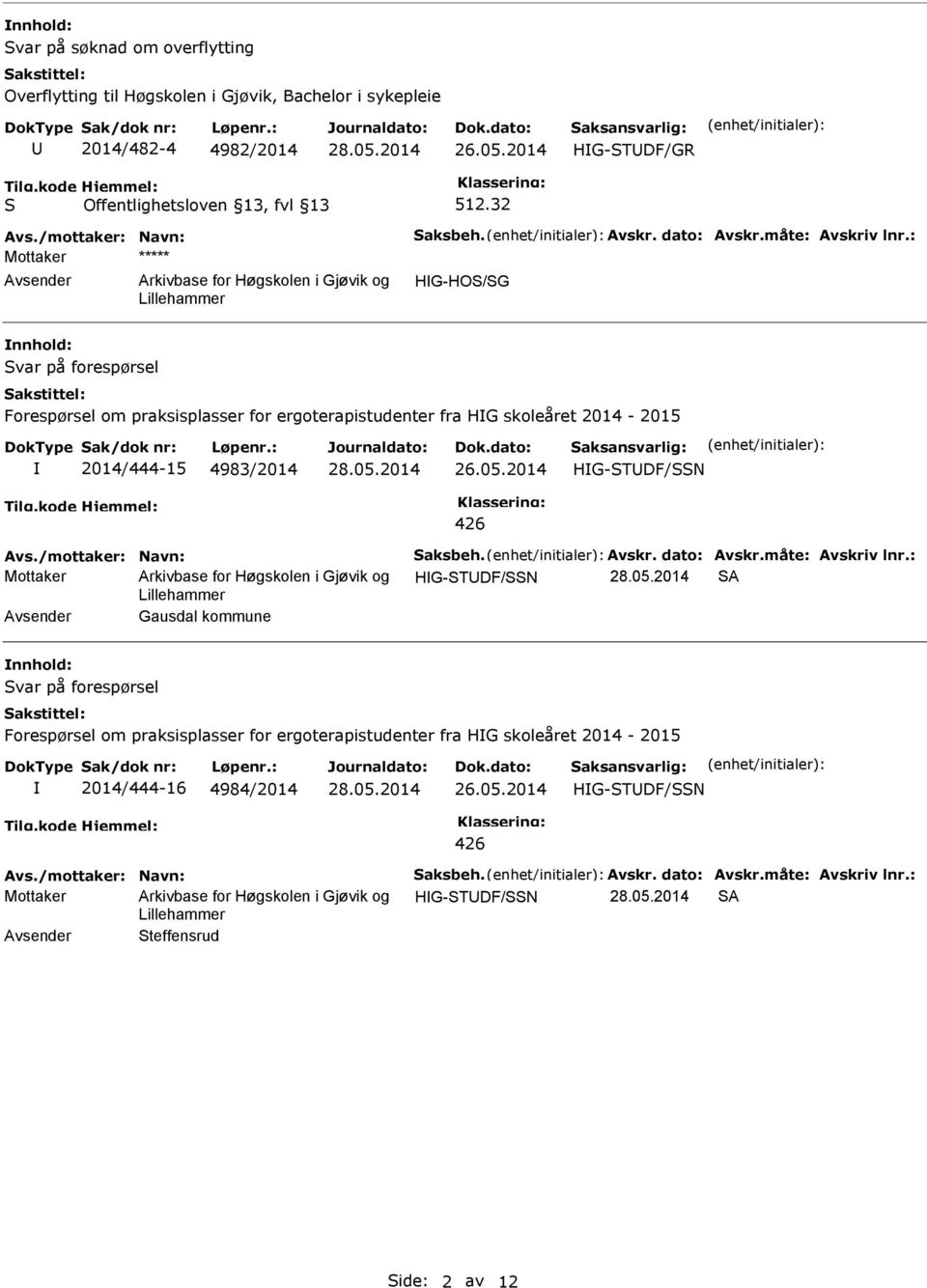 : Mottaker ***** HG-HOS/SG Forespørsel om praksisplasser for ergoterapistudenter fra HG skoleåret 2014-2015 2014/444-15 4983/2014 HG-STDF/SSN Avs.