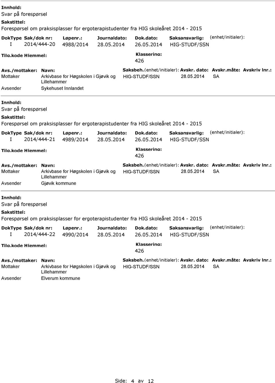 : Mottaker HG-STDF/SSN SA Sykehuset nnlandet Forespørsel om praksisplasser for ergoterapistudenter fra HG skoleåret 2014-2015 2014/444-21 4989/2014 HG-STDF/SSN Avs.