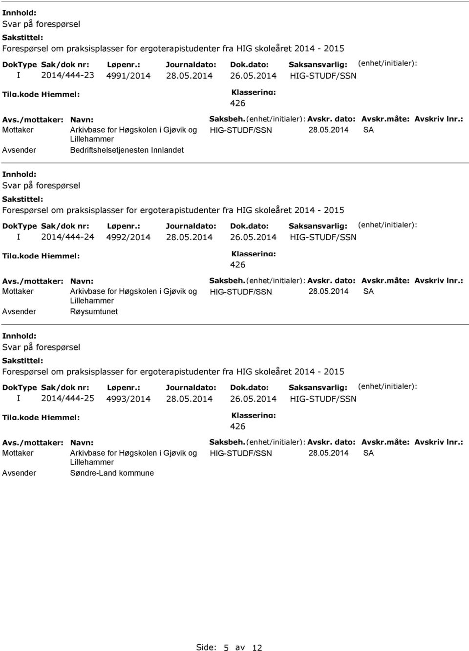 : Mottaker HG-STDF/SSN SA Bedriftshelsetjenesten nnlandet Forespørsel om praksisplasser for ergoterapistudenter fra HG skoleåret 2014-2015 2014/444-24 4992/2014 HG-STDF/SSN