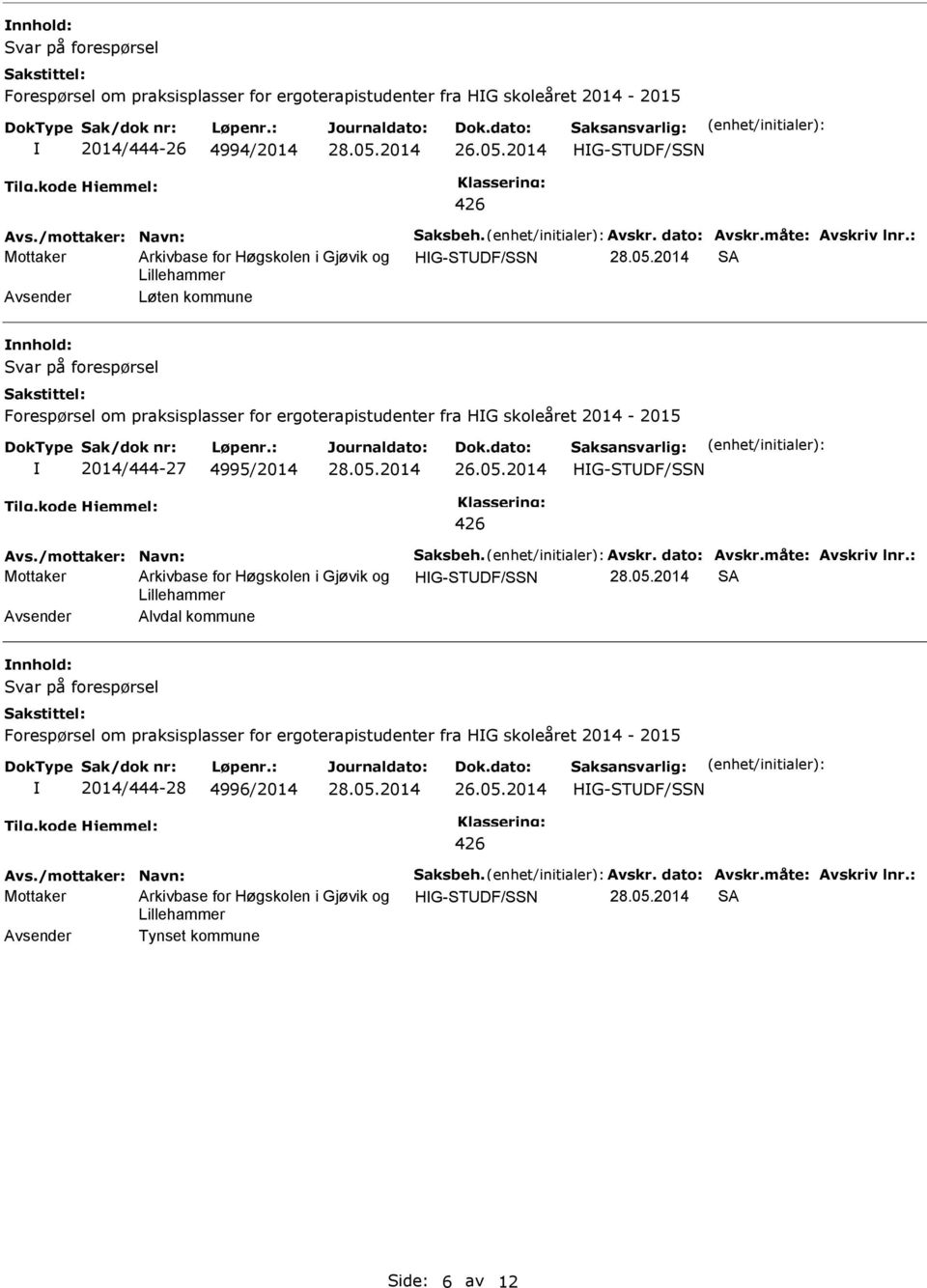 : Mottaker HG-STDF/SSN SA Løten kommune Forespørsel om praksisplasser for ergoterapistudenter fra HG skoleåret 2014-2015 2014/444-27 4995/2014 HG-STDF/SSN Avs.