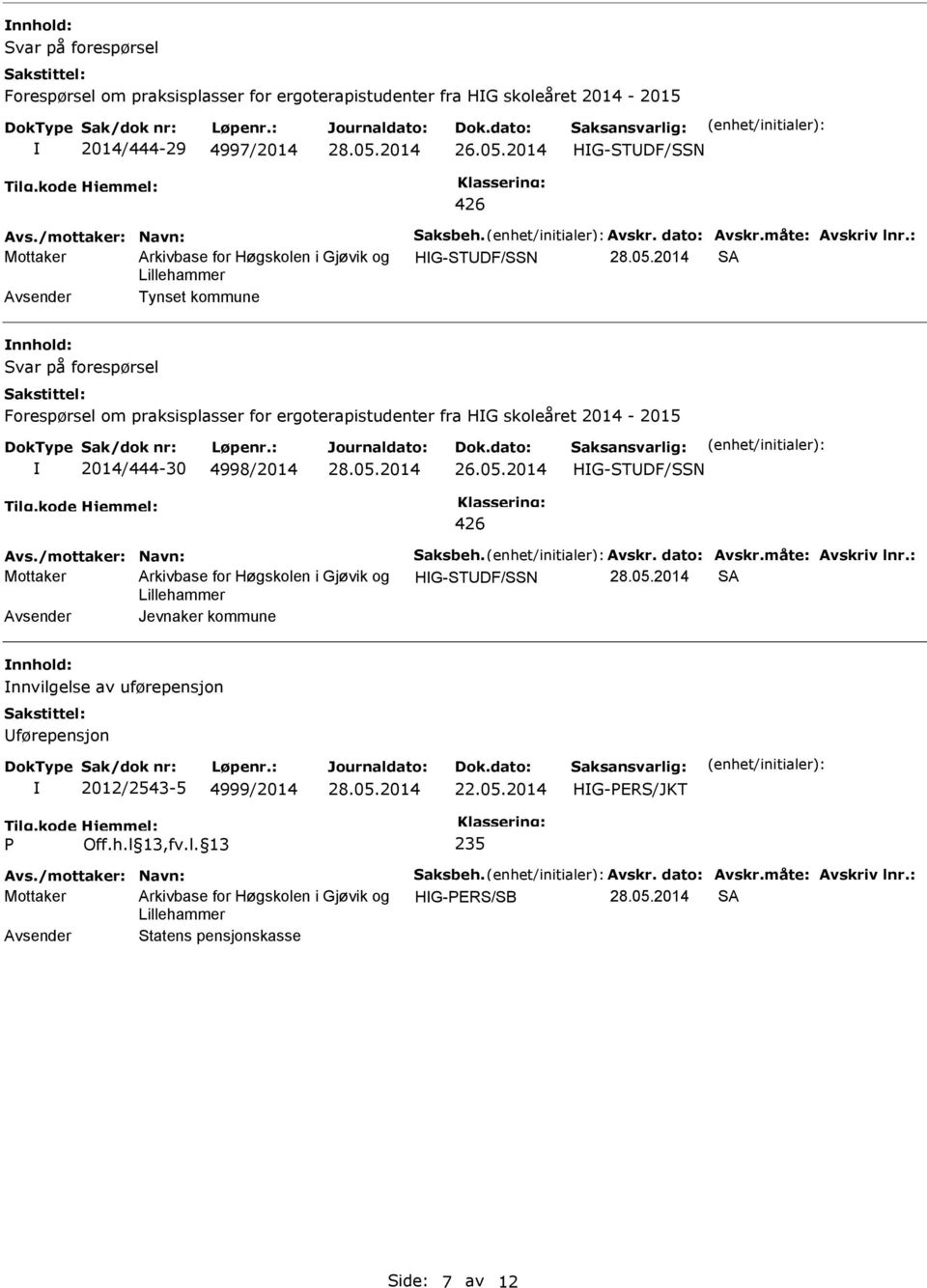 : Mottaker HG-STDF/SSN SA Tynset kommune Forespørsel om praksisplasser for ergoterapistudenter fra HG skoleåret 2014-2015 2014/444-30 4998/2014 HG-STDF/SSN Avs.