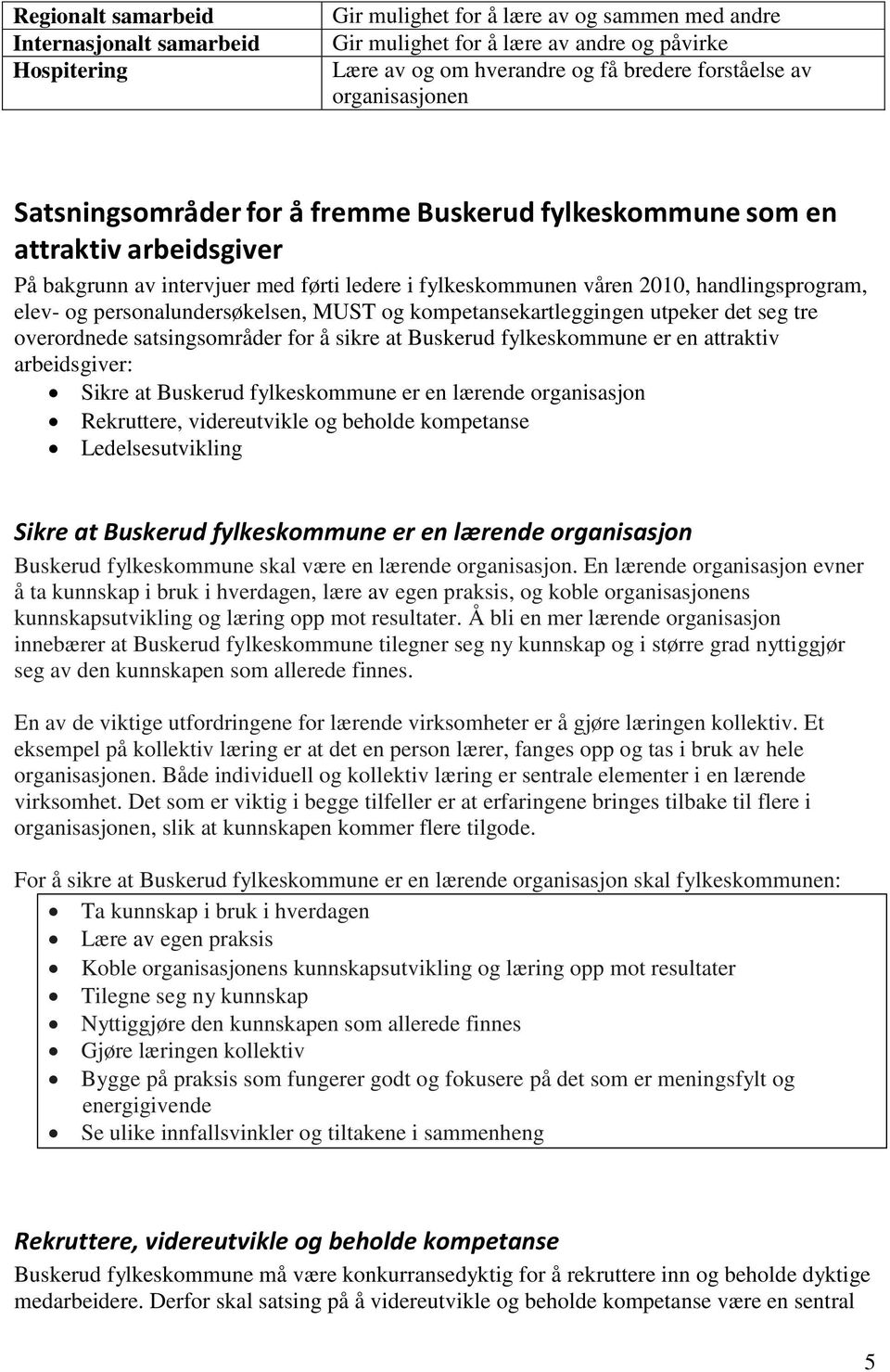 personalundersøkelsen, MUST og kompetansekartleggingen utpeker det seg tre overordnede satsingsområder for å sikre at Buskerud fylkeskommune er en attraktiv arbeidsgiver: Sikre at Buskerud