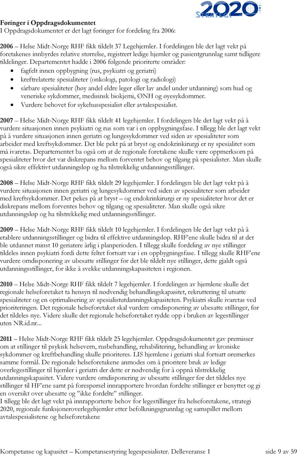 Departementet hadde i 2006 følgende prioriterte områder: fagfelt innen oppbygning (rus, psykiatri og geriatri) kreftrelaterte spesialiteter (onkologi, patologi og radiologi) sårbare spesialiteter