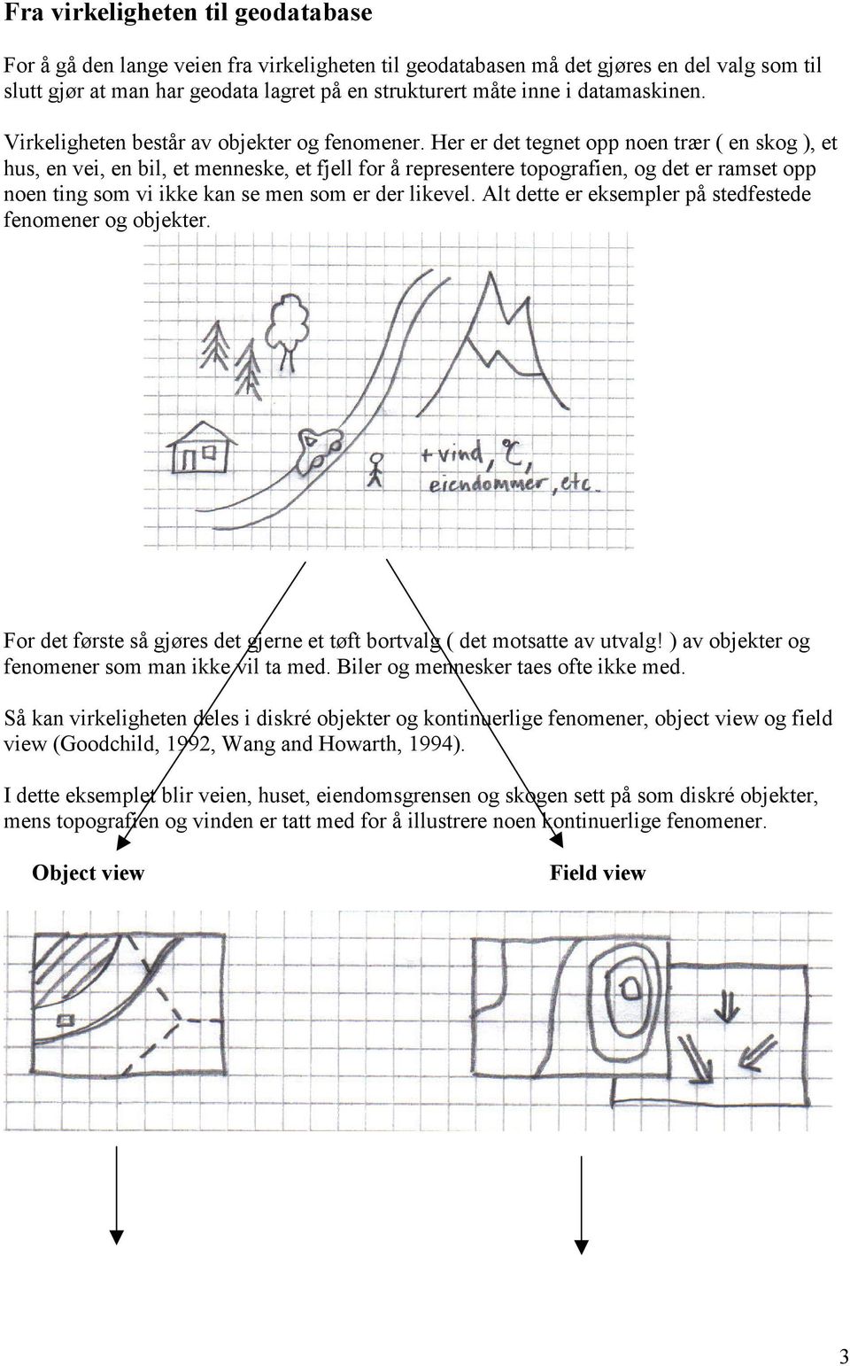 Her er det tegnet opp noen trær ( en skog ), et hus, en vei, en bil, et menneske, et fjell for å representere topografien, og det er ramset opp noen ting som vi ikke kan se men som er der likevel.