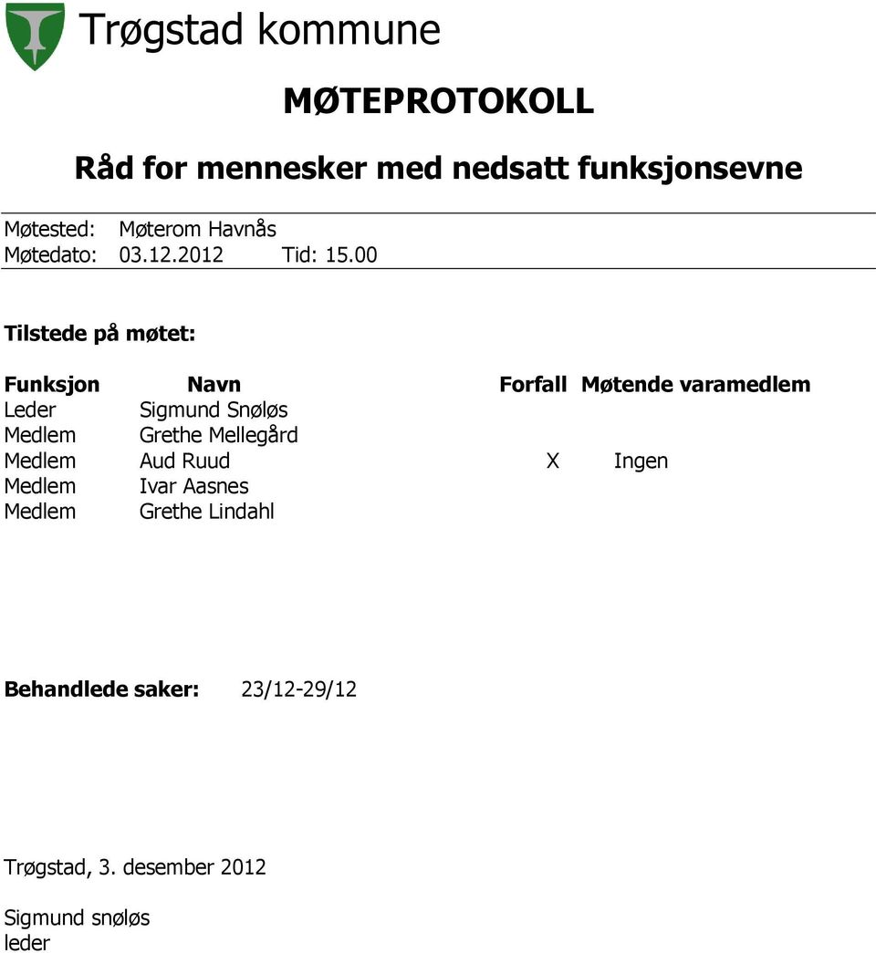 00 Tilstede på møtet: Funksjon Navn Forfall Møtende varamedlem Leder Sigmund Snøløs Medlem