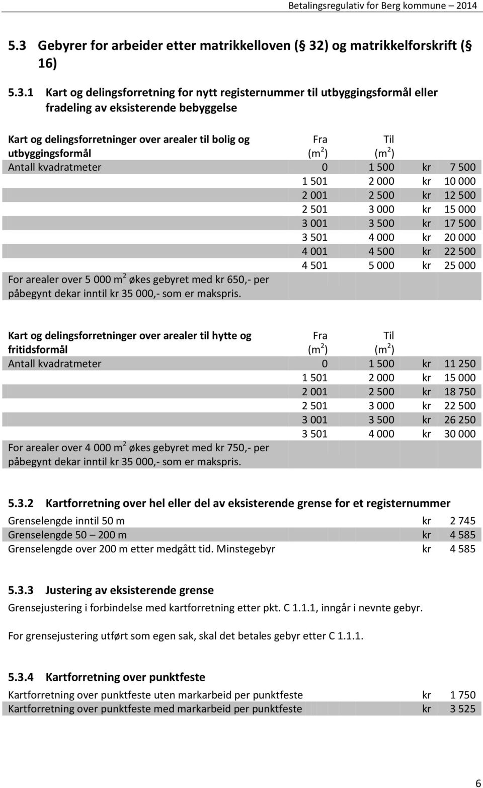 001 3 500 kr 17 500 3 501 4 000 kr 20 000 4 001 4 500 kr 22 500 4 501 5 000 kr 25 000 For arealer over 5 000 m 2 økes gebyret med kr 650,- per påbegynt dekar inntil kr 35 000,- som er makspris.