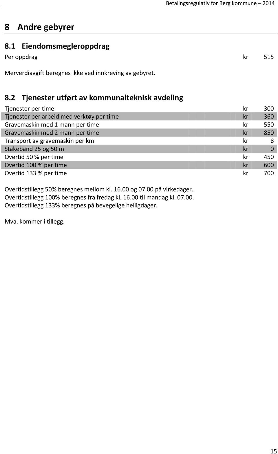 2 Tjenester utført av kommunalteknisk avdeling Tjenester per time kr 300 Tjenester per arbeid med verktøy per time kr 360 Gravemaskin med 1 mann per time kr 550 Gravemaskin