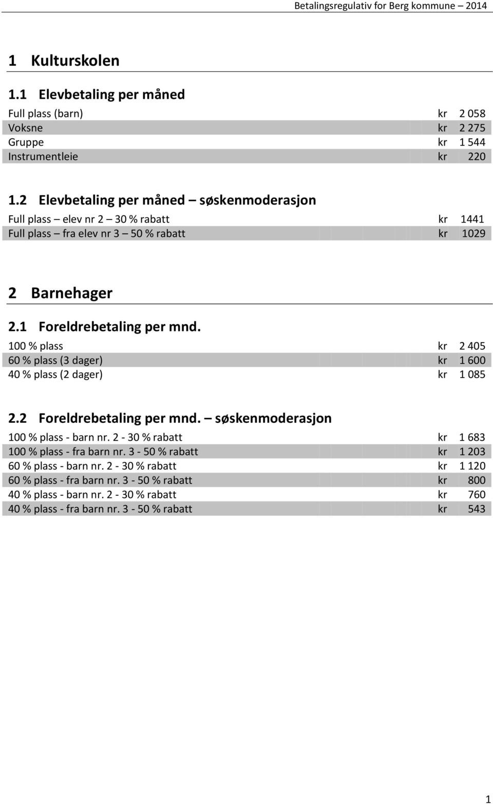 100 % plass kr 2 405 60 % plass (3 dager) kr 1 600 40 % plass (2 dager) kr 1 085 2.2 Foreldrebetaling per mnd. søskenmoderasjon 100 % plass - barn nr.