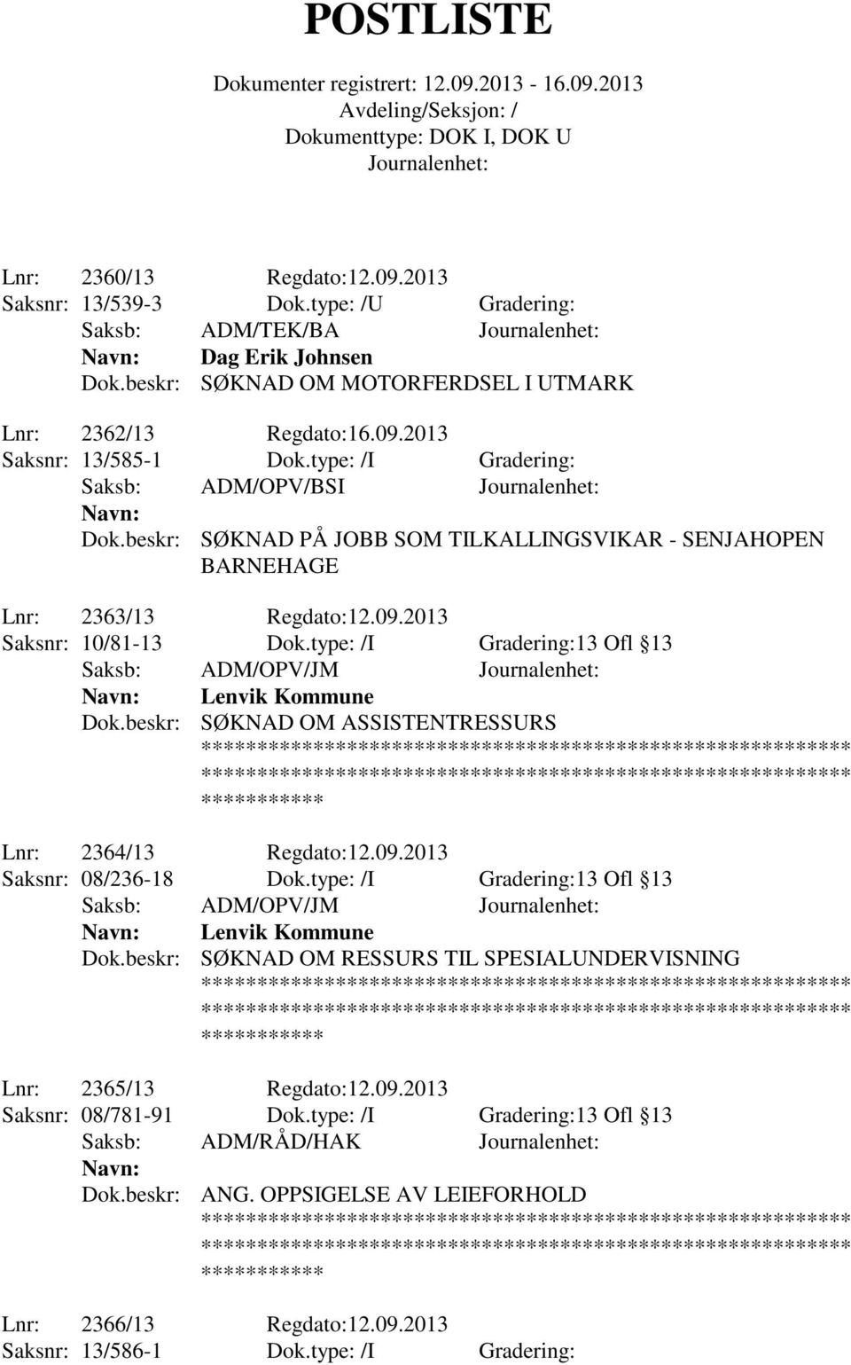 type: /I Gradering:13 Ofl 13 Lenvik Kommune Dok.beskr: SØKNAD OM ASSISTENTRESSURS Lnr: 2364/13 Regdato:12.09.2013 Saksnr: 08/236-18 Dok.type: /I Gradering:13 Ofl 13 Lenvik Kommune Dok.beskr: SØKNAD OM RESSURS TIL SPESIALUNDERVISNING Lnr: 2365/13 Regdato:12.