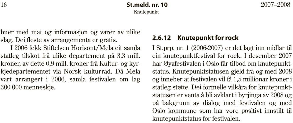 Då Mela vart arrangert i 2006, samla festivalen om lag 300 000 menneskje. 2.6.12 for rock I St.prp. nr. 1 (2006-2007) er det lagt inn midlar til ein knutepunktfestival for rock.