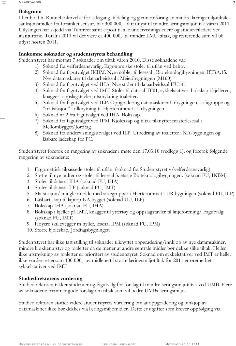 Totalt i 2011 vil det være ca 400 000,- til mindre LMU-tiltak, og resterende sum vil bli utlyst høsten 2011.