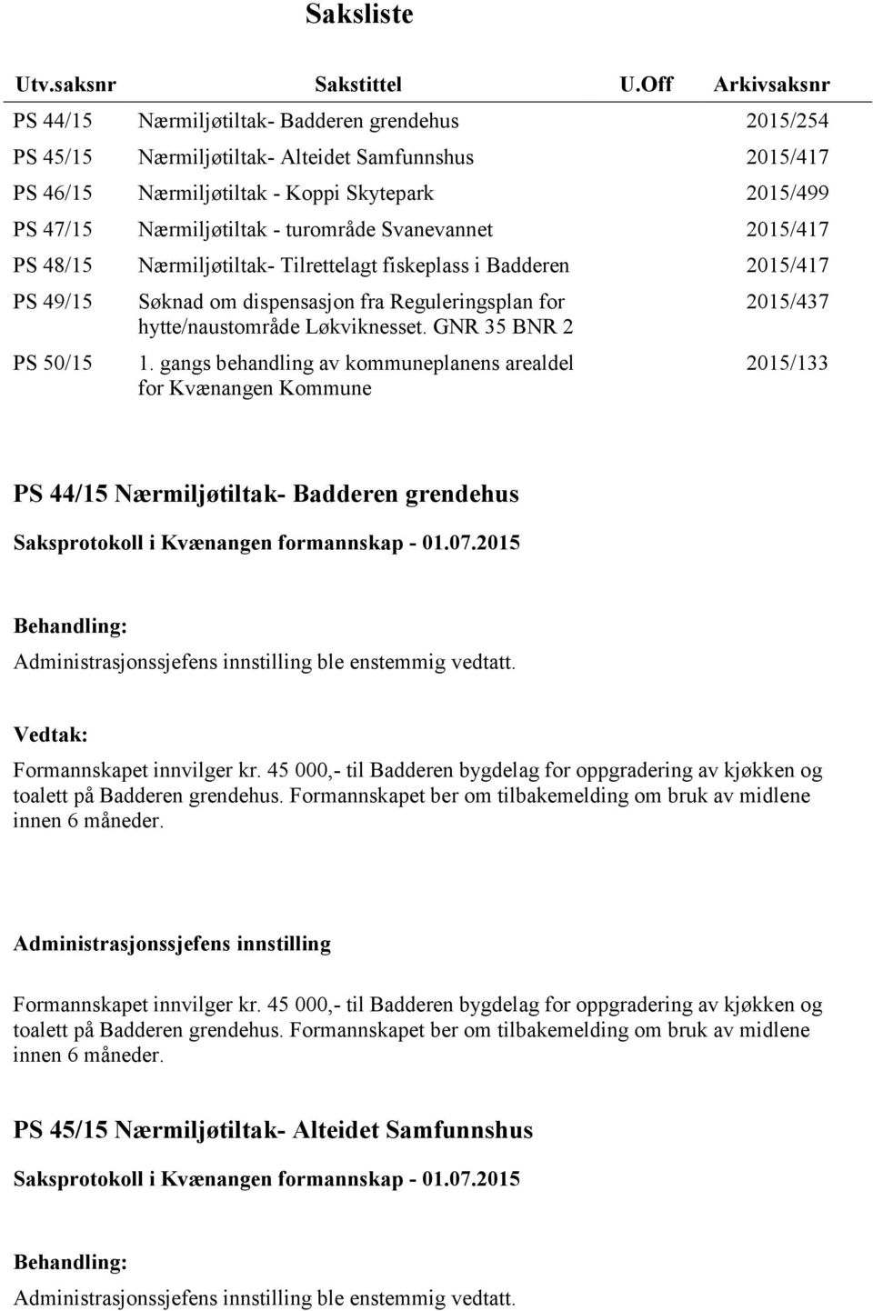 - turområde Svanevannet 2015/417 PS 48/15 Nærmiljøtiltak- Tilrettelagt fiskeplass i Badderen 2015/417 PS 49/15 PS 50/15 Søknad om dispensasjon fra Reguleringsplan for hytte/naustområde Løkviknesset.