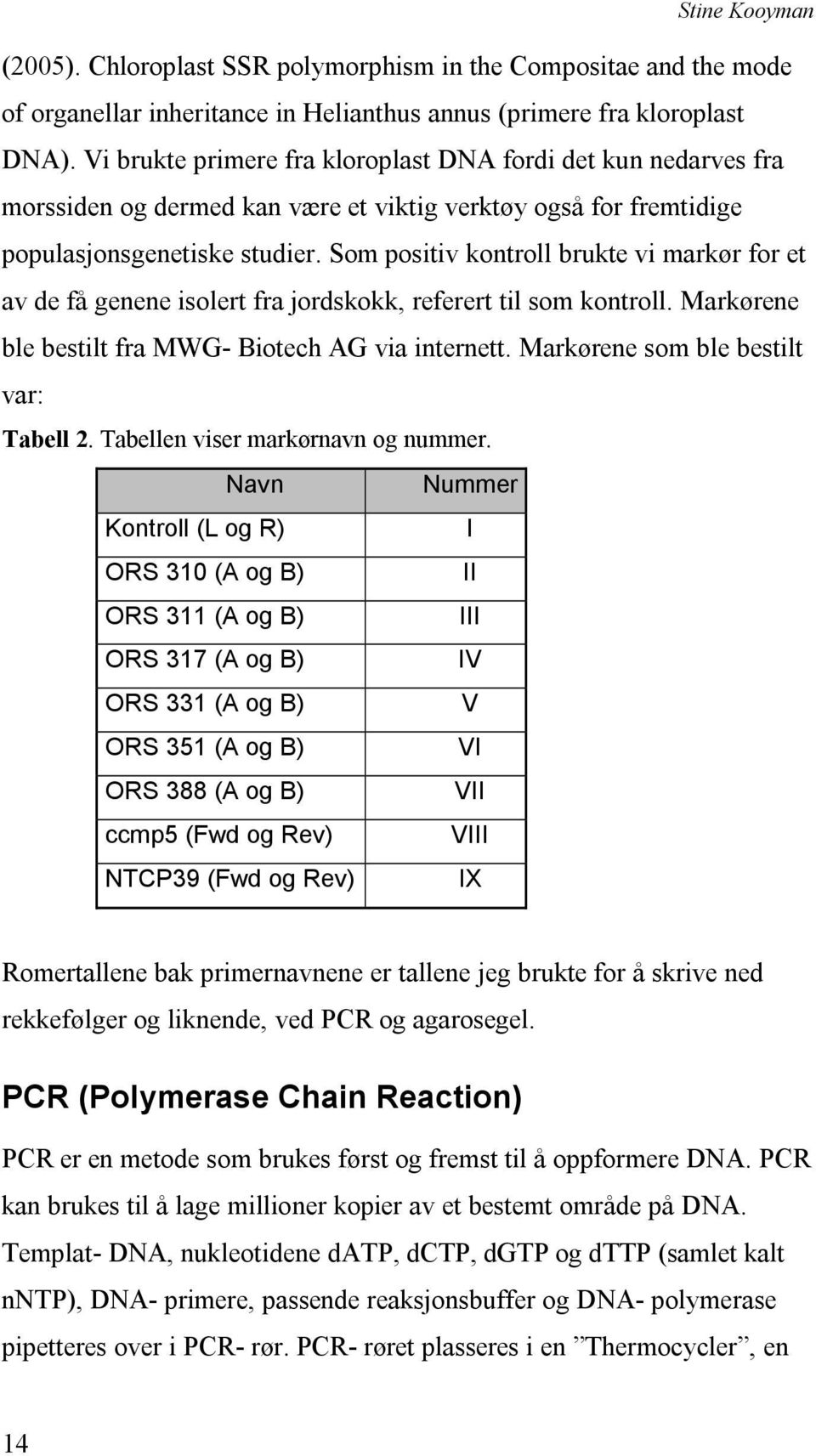 Som positiv kontroll brukte vi markør for et av de få genene isolert fra jordskokk, referert til som kontroll. Markørene ble bestilt fra MWG- Biotech AG via internett.