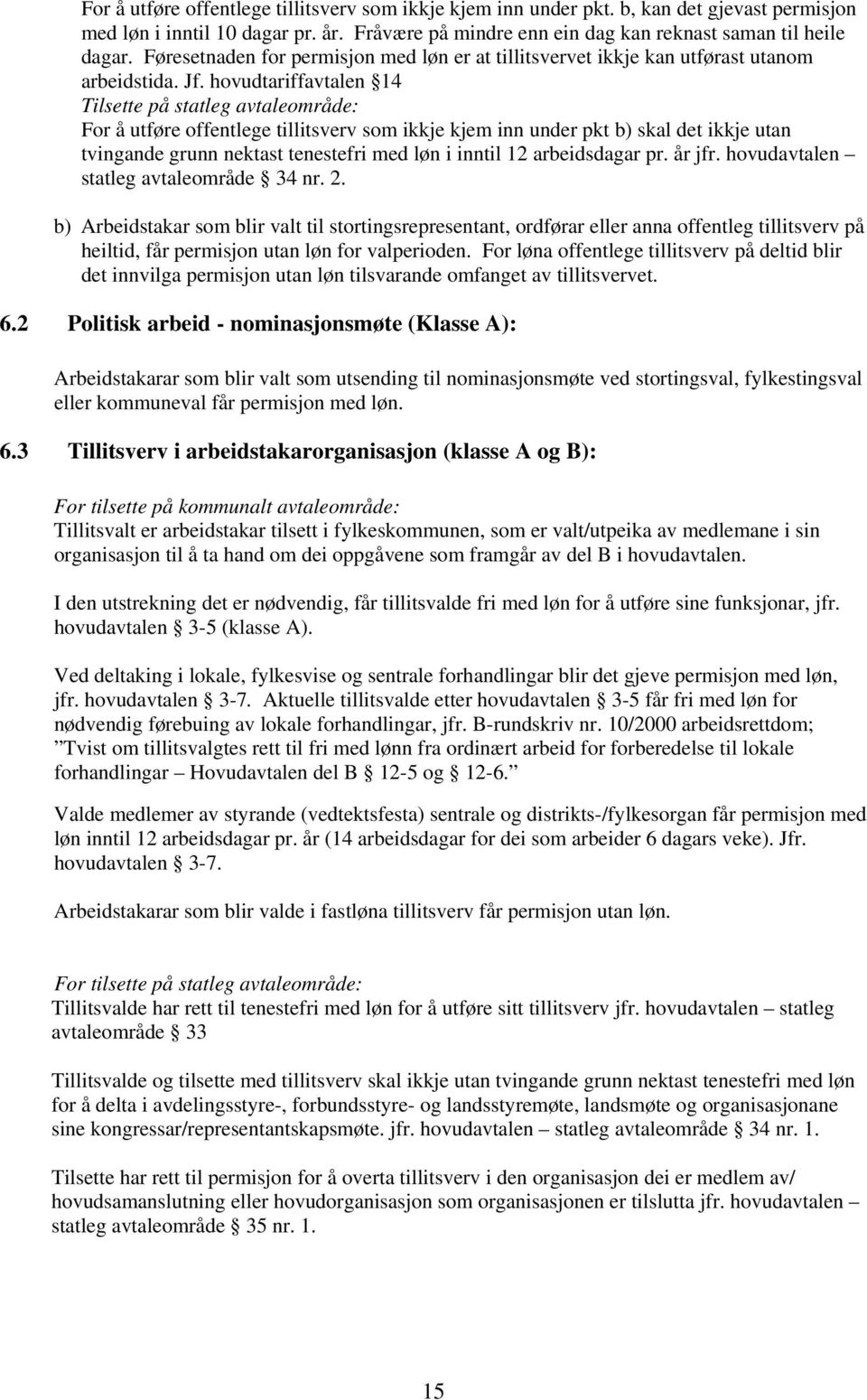 hovudtariffavtalen 14 Tilsette på statleg avtaleområde: For å utføre offentlege tillitsverv som ikkje kjem inn under pkt b) skal det ikkje utan tvingande grunn nektast tenestefri med løn i inntil 12