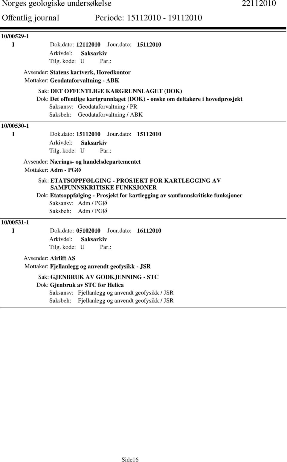 hovedprosjekt Saksansv: Geodataforvaltning / PR Saksbeh: Geodataforvaltning / ABK 10/00530-1 I Dok.dato: 15112010 Jour.