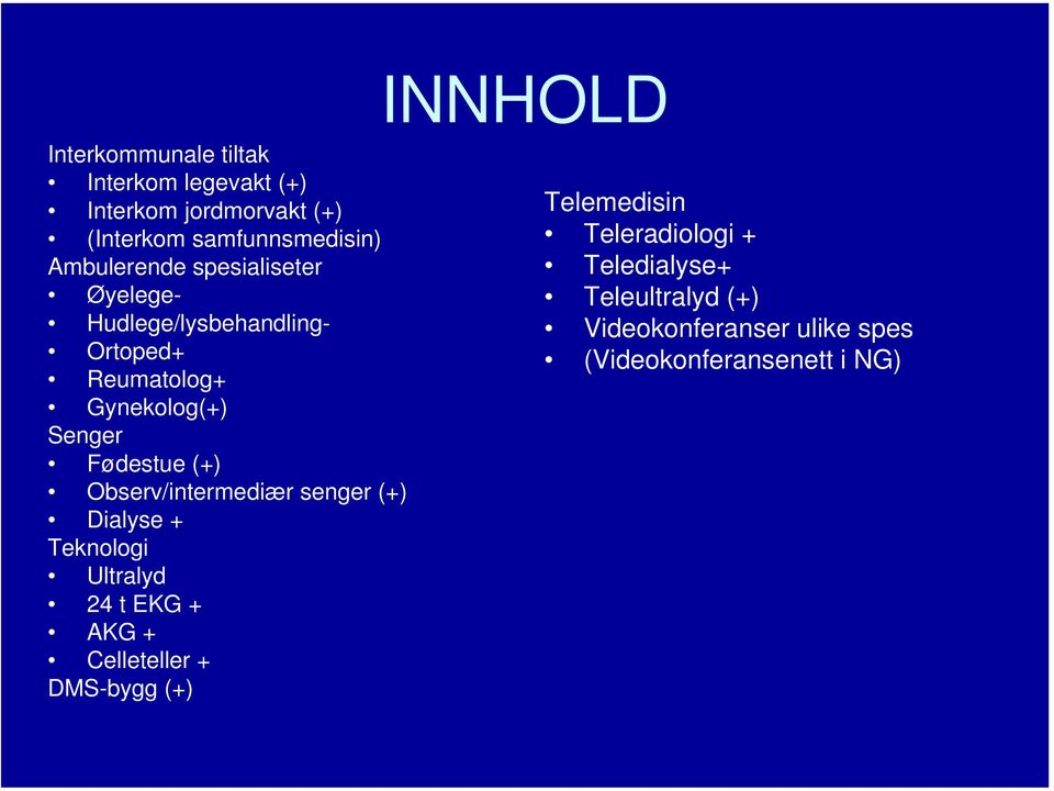 (+) Observ/intermediær senger (+) Dialyse + Teknologi Ultralyd 24 t EKG + AKG + Celleteller + DMS-bygg (+)