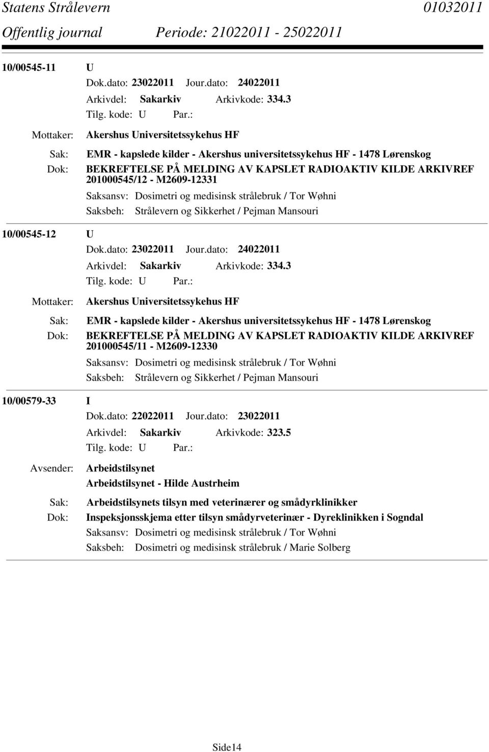 Saksansv: Dosimetri og medisinsk strålebruk / Tor Wøhni 10/00545-12 U Arkivdel: Sakarkiv Arkivkode: 334.