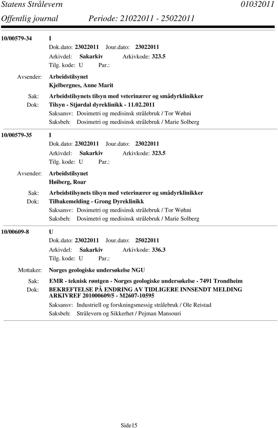 2011 Saksansv: Dosimetri og medisinsk strålebruk / Tor Wøhni Saksbeh: Dosimetri og medisinsk strålebruk / Marie Solberg 10/00579-35 I Dok.dato: 23022011 Jour.