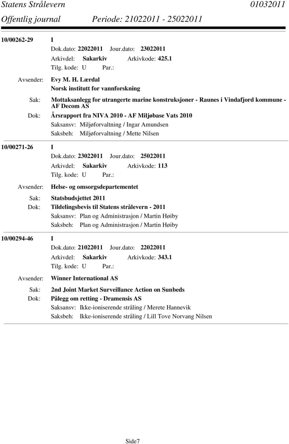 Miljøforvaltning / Ingar Amundsen Saksbeh: Miljøforvaltning / Mette Nilsen 10/00271-26 I Dok.dato: 23022011 Jour.