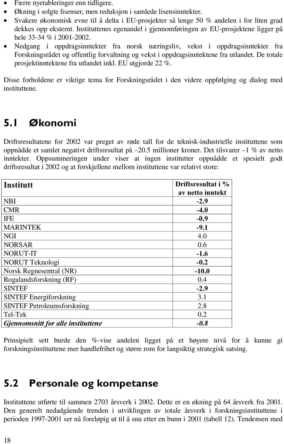 Instituttenes egenandel i gjennomføringen av EU-prosjektene ligger på hele 33-34 % i 2001-2002.