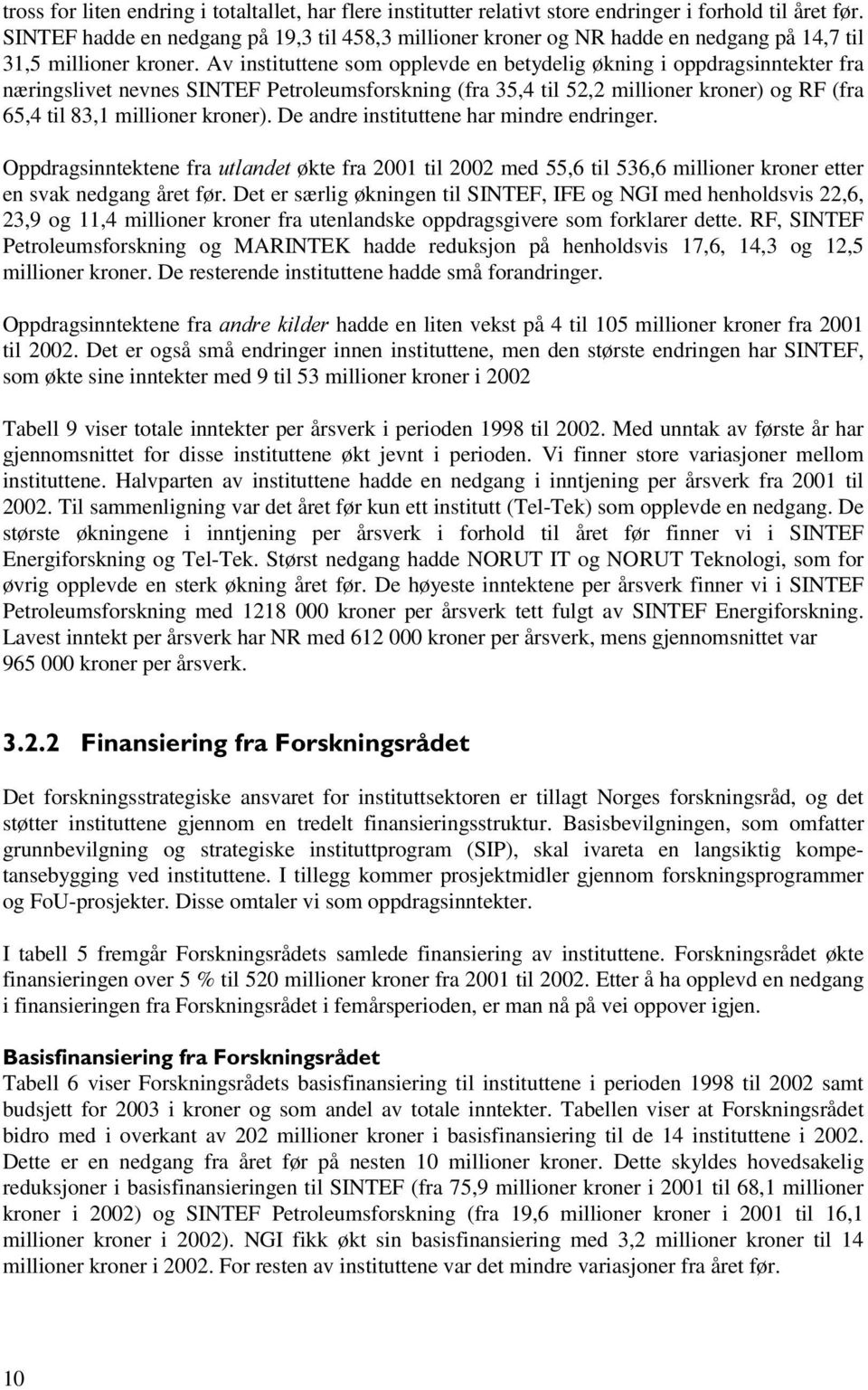 Av instituttene som opplevde en betydelig økning i oppdragsinntekter fra næringslivet nevnes SINTEF Petroleumsforskning (fra 35,4 til 52,2 millioner kroner) og RF (fra 65,4 til 83,1 millioner kroner).