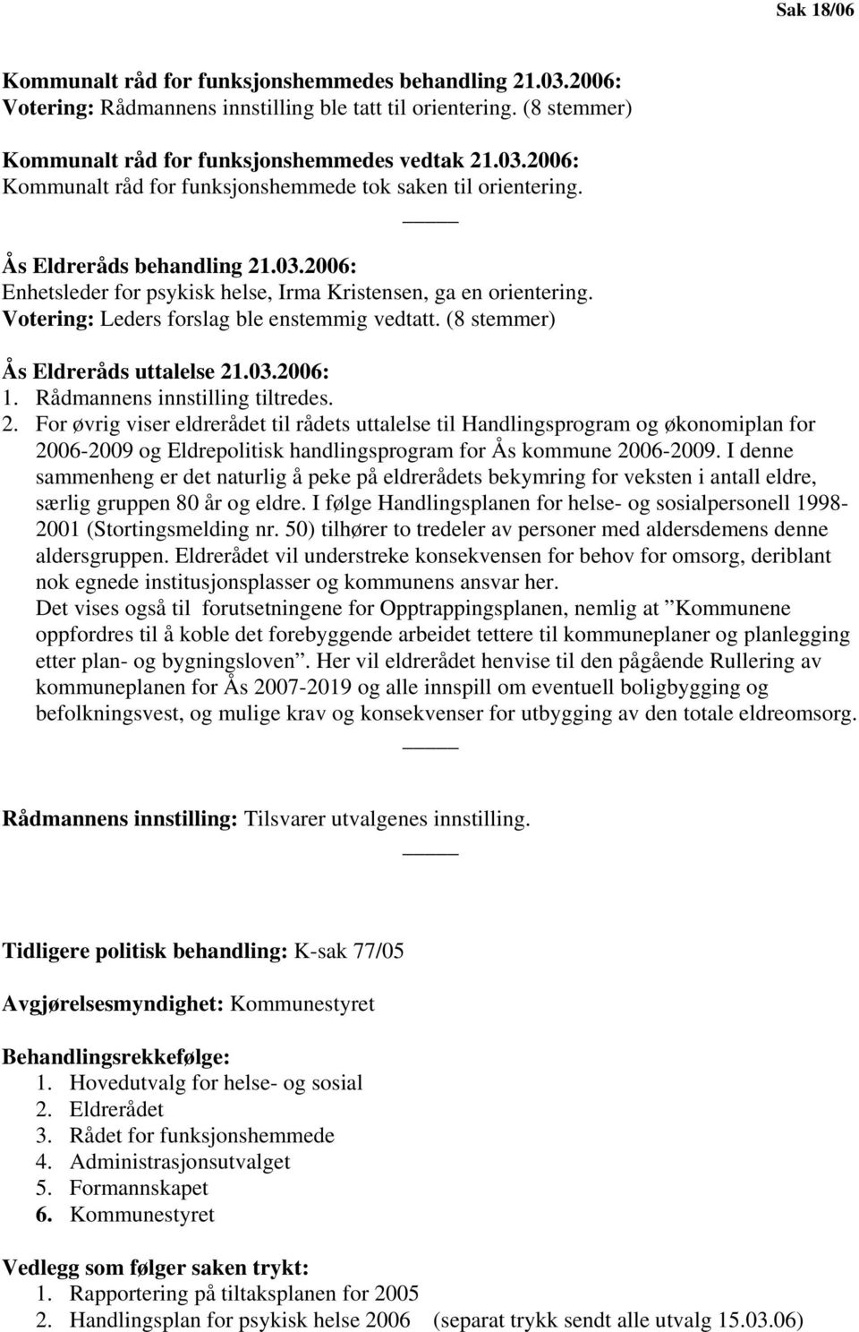 Rådmannens innstilling tiltredes. 2. For øvrig viser eldrerådet til rådets uttalelse til Handlingsprogram og økonomiplan for 2006-2009 og Eldrepolitisk handlingsprogram for Ås kommune 2006-2009.