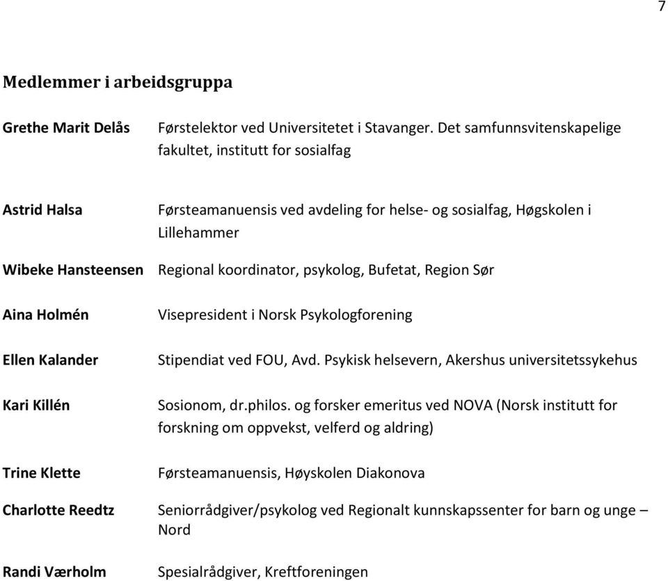 koordinator, psykolog, Bufetat, Region Sør Aina Holmén Ellen Kalander Kari Killén Trine Klette Visepresident i Norsk Psykologforening Stipendiat ved FOU, Avd.