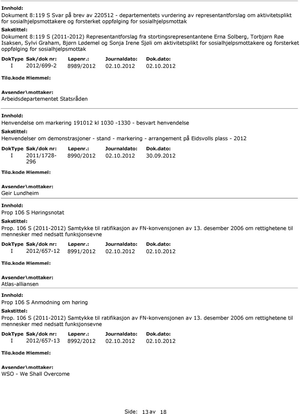 forsterket oppfølging for sosialhjelpsmottak 2012/699-2 8989/2012 Arbeidsdepartementet Statsråden Henvendelse om markering 191012 kl 1030-1330 - besvart henvendelse Henvendelser om demonstrasjoner -