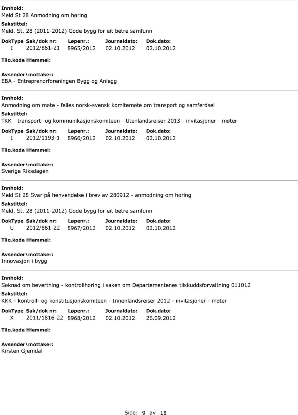 28 (2011-2012) Gode bygg for eit betre samfunn 2012/861-21 8965/2012 EBA - Entreprenørforeningen Bygg og Anlegg Anmodning om møte - felles norsk-svensk komitemøte om transport og samferdsel