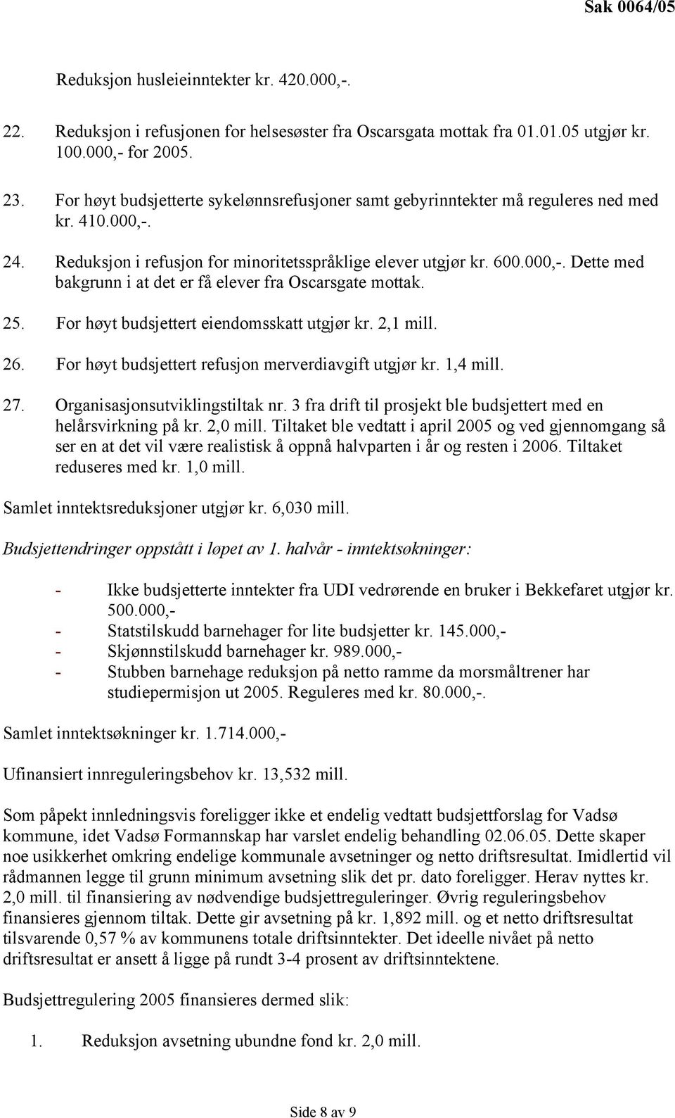 25. For høyt budsjettert eiendomsskatt utgjør kr. 2,1 mill. 26. For høyt budsjettert refusjon merverdiavgift utgjør kr. 1,4 mill. 27. Organisasjonsutviklingstiltak nr.