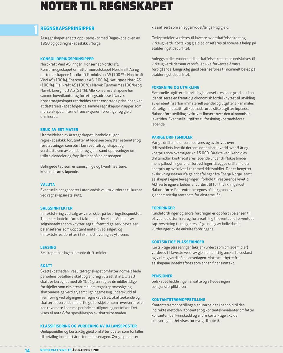 Konsernregnskapet omfatter morselskapet Nordkraft AS og datterselskapene Nordkraft Produksjon AS (100 %), Nordkraft Vind AS (100%), Enerconsult AS (100 %), Naturgass Nord AS (100 %), Fjellkraft AS