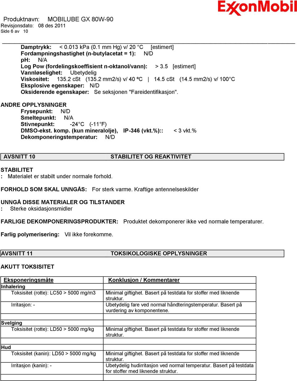 5 mm2/s) v/ 100 C Eksplosive egenskaper: N/D Oksiderende egenskaper: Se seksjonen "Fareidentifikasjon". ANDRE OPPLYSNINGER Frysepunkt: N/D Smeltepunkt: N/A Stivnepunkt: -24 C (-11 F) DMSO-ekst. komp.