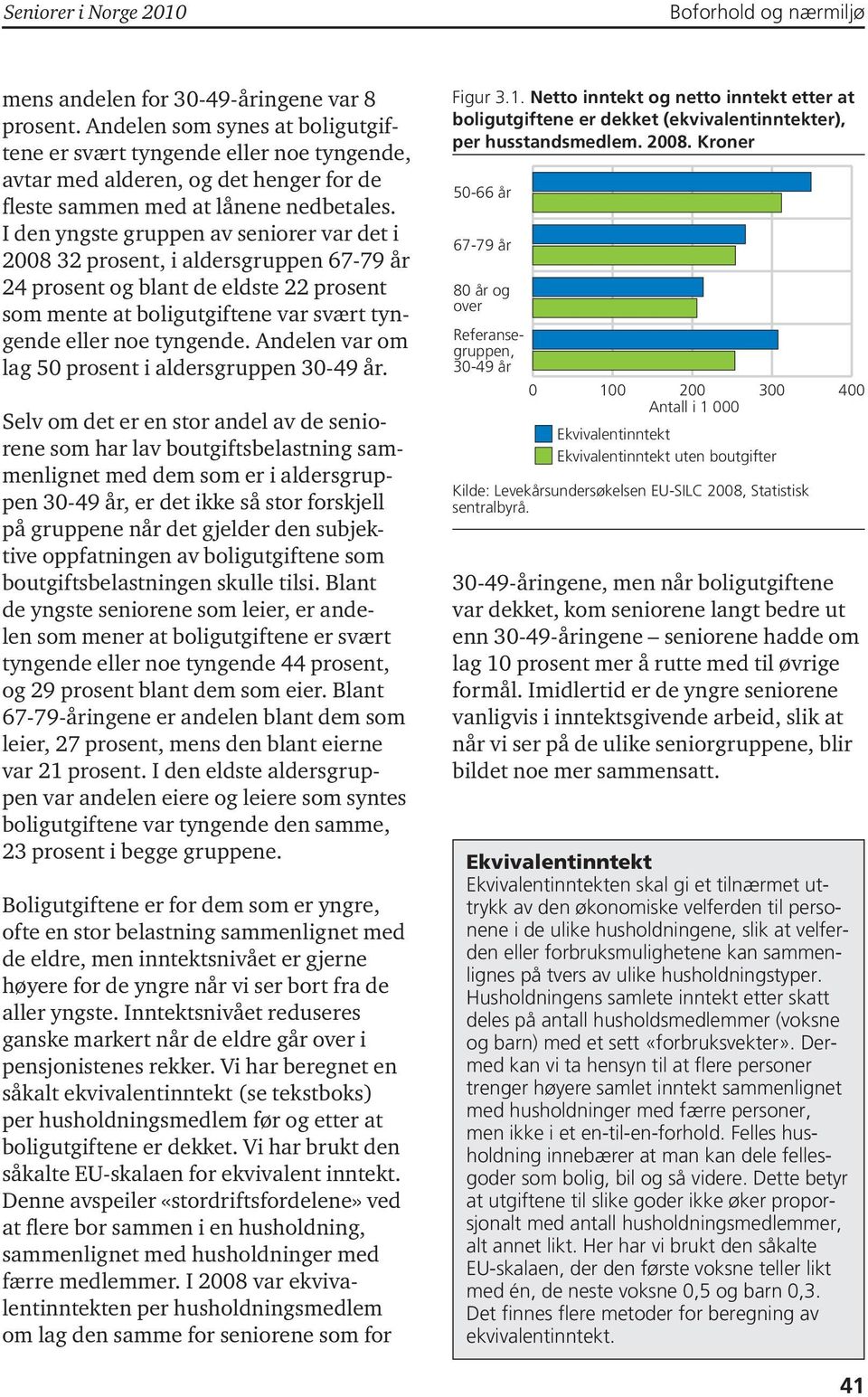 I den yngste gruppen av seniorer var det i 2008 32 prosent, i aldersgruppen 67-79 år 24 prosent og blant de eldste 22 prosent som mente at boligutgiftene var svært tyngende eller noe tyngende.