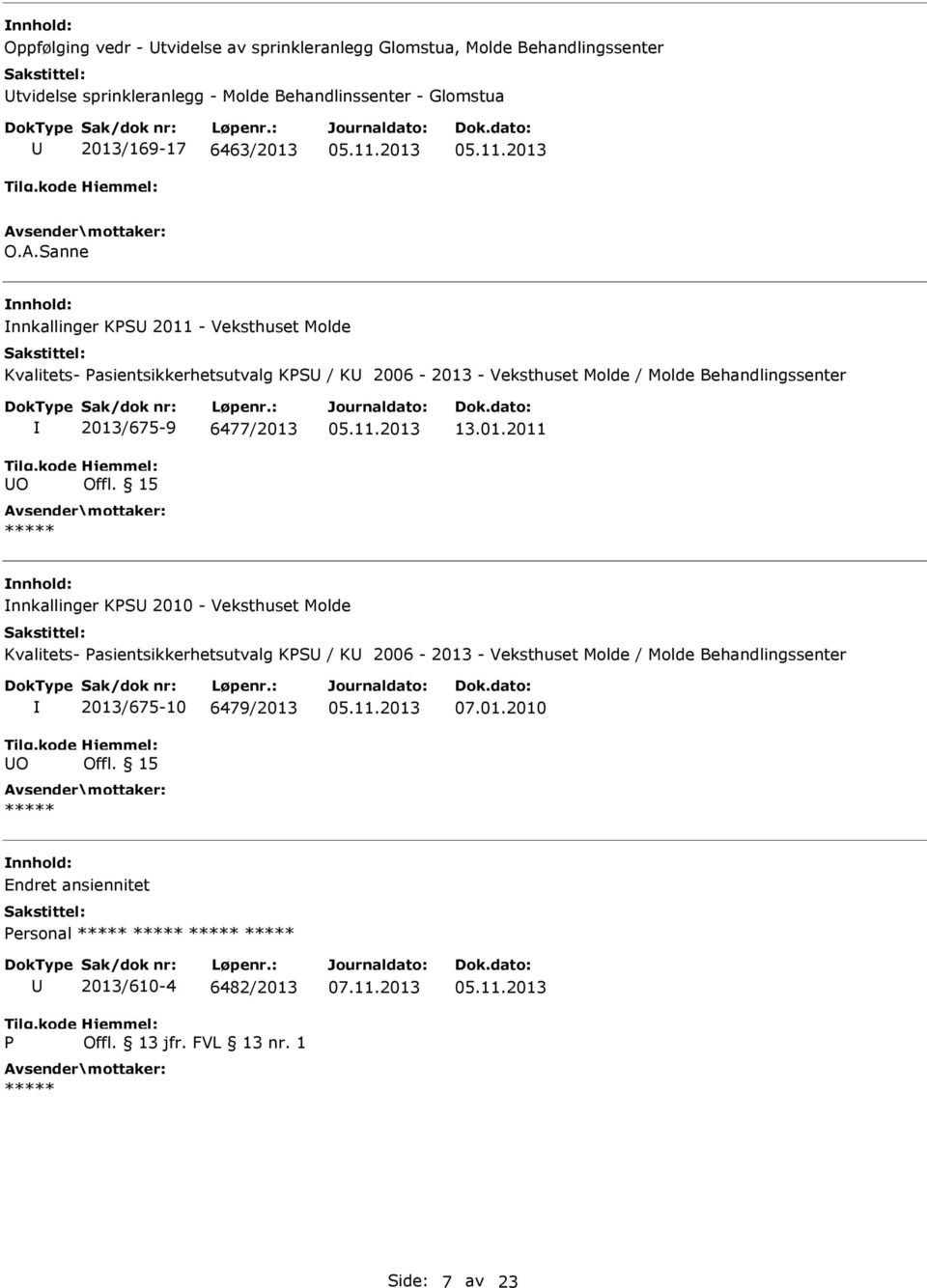 Sanne nnkallinger KS 2011 - Veksthuset Molde Kvalitets- asientsikkerhetsutvalg KS / K 2006-2013 - Veksthuset Molde / Molde Behandlingssenter O